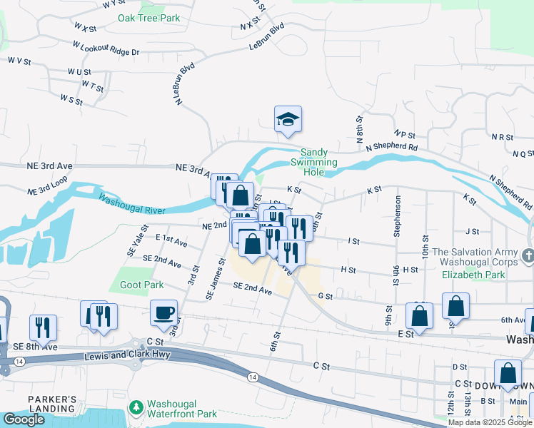 map of restaurants, bars, coffee shops, grocery stores, and more near 439 I Street in Washougal