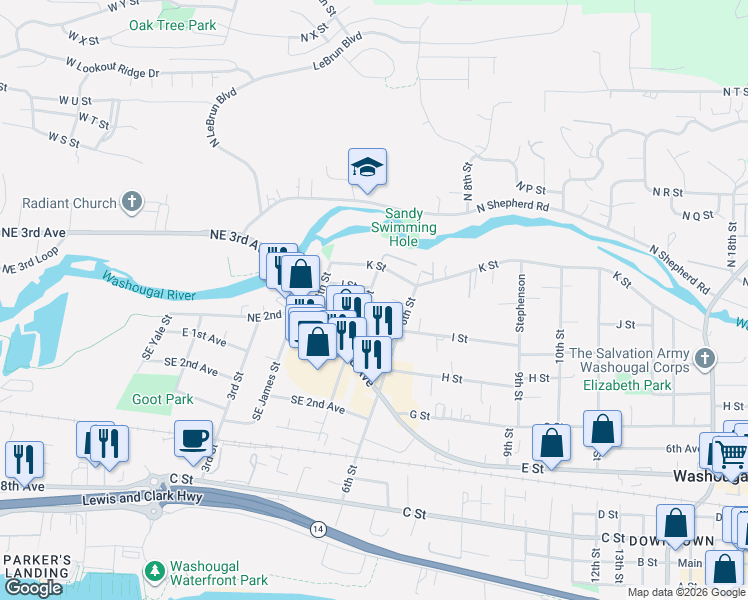 map of restaurants, bars, coffee shops, grocery stores, and more near 922 Northeast Weir Street in Washougal
