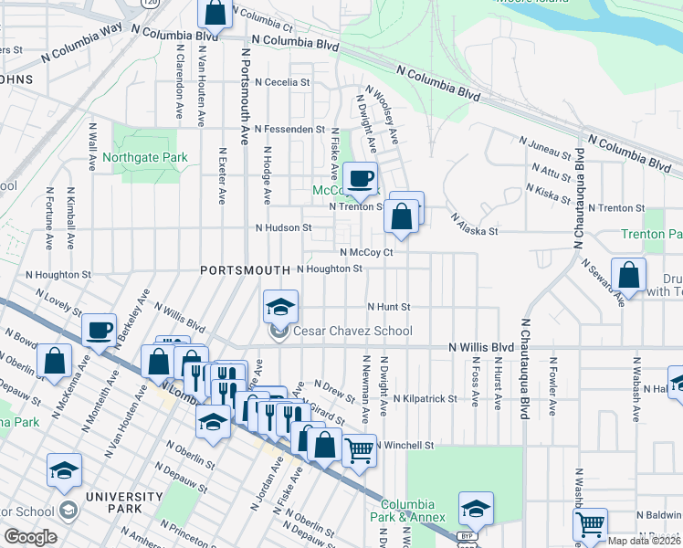 map of restaurants, bars, coffee shops, grocery stores, and more near 4820 North Houghton Street in Portland
