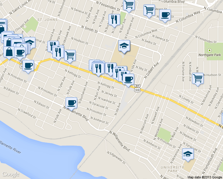 map of restaurants, bars, coffee shops, grocery stores, and more near 7426 North Alma Avenue in Portland