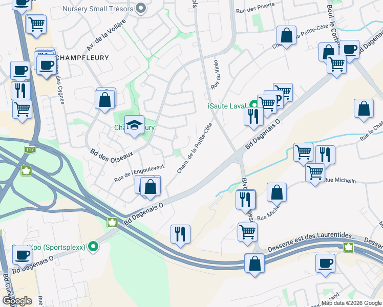 map of restaurants, bars, coffee shops, grocery stores, and more near 2500 Chemin de la Petite Côte in Laval