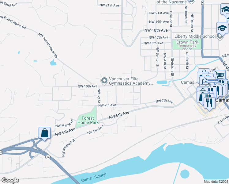 map of restaurants, bars, coffee shops, grocery stores, and more near 907 Northwest Greeley Street in Camas