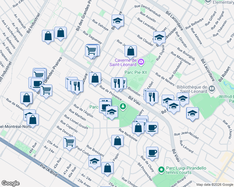 map of restaurants, bars, coffee shops, grocery stores, and more near 8938 Boulevard Viau in Montréal