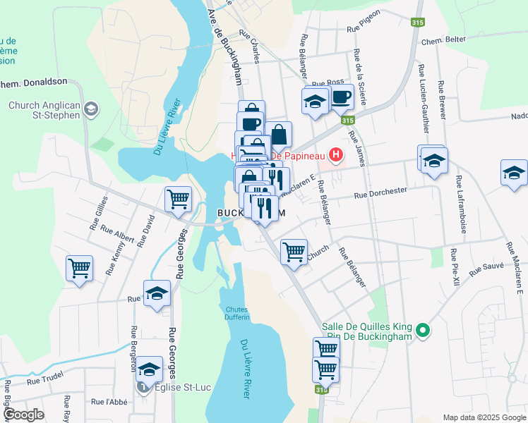 map of restaurants, bars, coffee shops, grocery stores, and more near 104 Rue Maclaren Est in Gatineau
