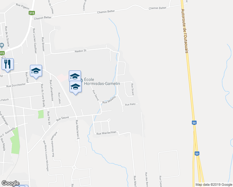 map of restaurants, bars, coffee shops, grocery stores, and more near 599 Rue Matte in Gatineau