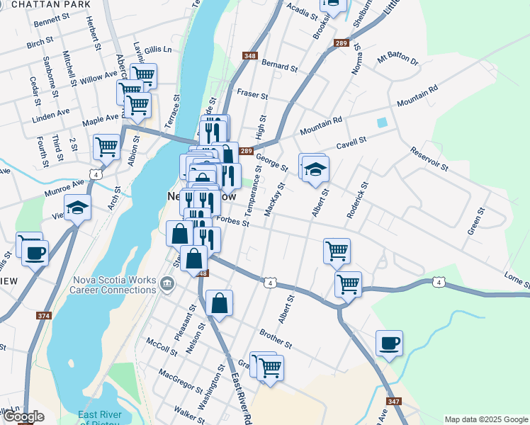 map of restaurants, bars, coffee shops, grocery stores, and more near 277 Maclean Street in New Glasgow
