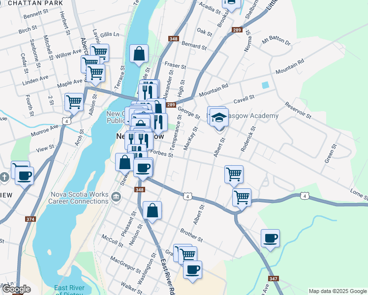 map of restaurants, bars, coffee shops, grocery stores, and more near 277 Maclean Street in New Glasgow
