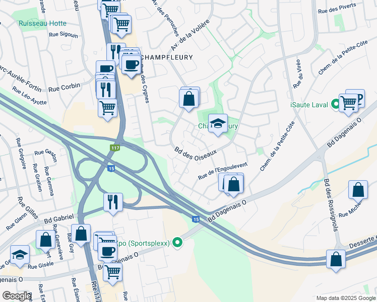 map of restaurants, bars, coffee shops, grocery stores, and more near 2645 Boulevard des Oiseaux in Laval