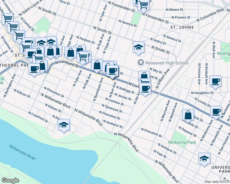 map of restaurants, bars, coffee shops, grocery stores, and more near 7227 North Jersey Street in Portland