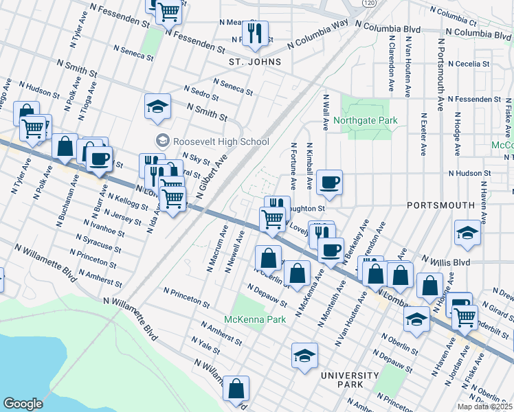 map of restaurants, bars, coffee shops, grocery stores, and more near 7708 North Newell Avenue in Portland