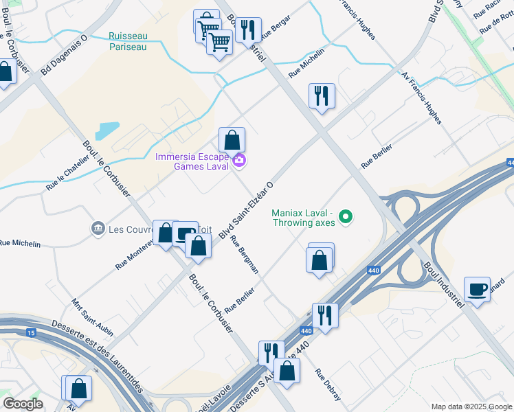 map of restaurants, bars, coffee shops, grocery stores, and more near 1600 Boulevard Saint-Elzéar Ouest in Laval