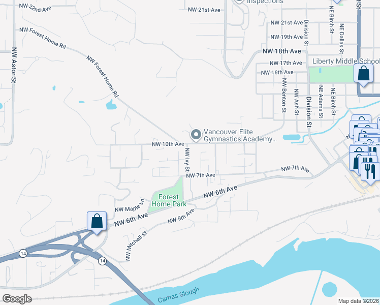 map of restaurants, bars, coffee shops, grocery stores, and more near 914 Northwest Ivy Street in Camas