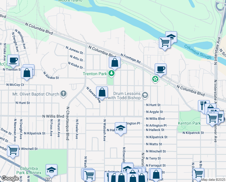 map of restaurants, bars, coffee shops, grocery stores, and more near 8815 North Endicott Avenue in Portland