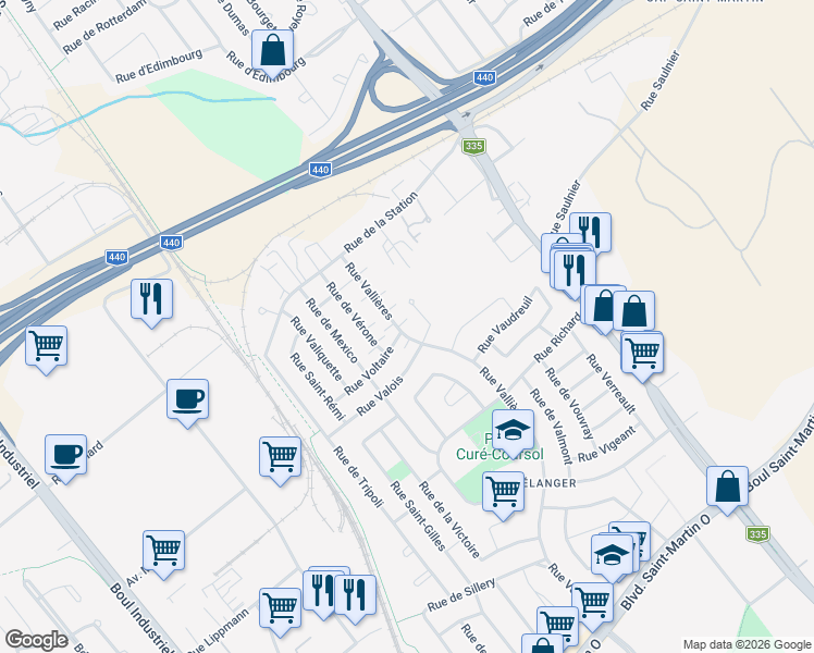 map of restaurants, bars, coffee shops, grocery stores, and more near 2235 Rue Vallières in Laval