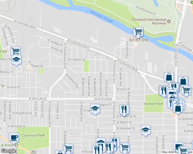 map of restaurants, bars, coffee shops, grocery stores, and more near 8816 North Bayard Avenue in Portland