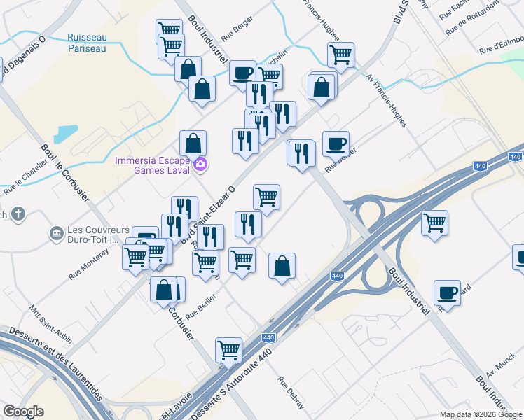map of restaurants, bars, coffee shops, grocery stores, and more near 1531 Rue Berlier in Laval