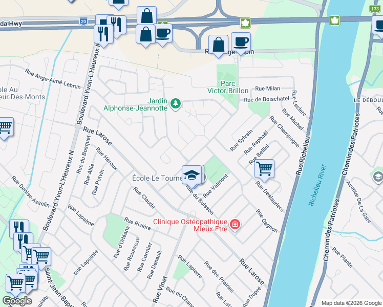map of restaurants, bars, coffee shops, grocery stores, and more near 1424 Rue André-Labadie in Beloeil