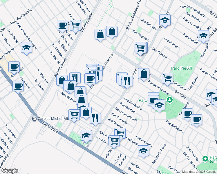 map of restaurants, bars, coffee shops, grocery stores, and more near 9215 Rue Pierre Elliot Trudeau in Montréal