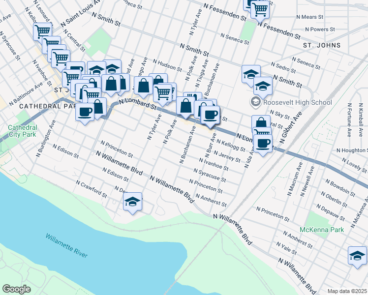 map of restaurants, bars, coffee shops, grocery stores, and more near 7365 North Buchanan Avenue in Portland