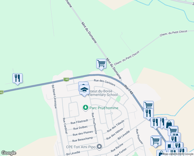 map of restaurants, bars, coffee shops, grocery stores, and more near 947 Rue des Cerisiers in Saint-Eustache