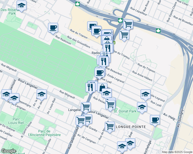 map of restaurants, bars, coffee shops, grocery stores, and more near 6935 Rue Sherbrooke Est in Montréal