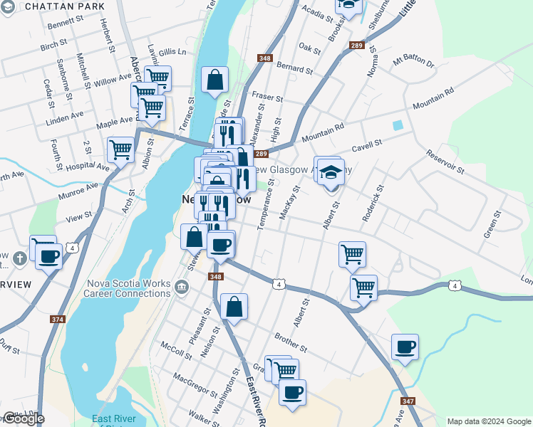 map of restaurants, bars, coffee shops, grocery stores, and more near 166 Temperance Street in New Glasgow