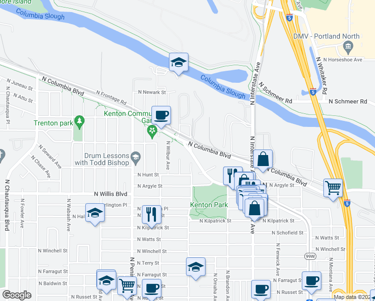 map of restaurants, bars, coffee shops, grocery stores, and more near 8702 North Delaware Avenue in Portland