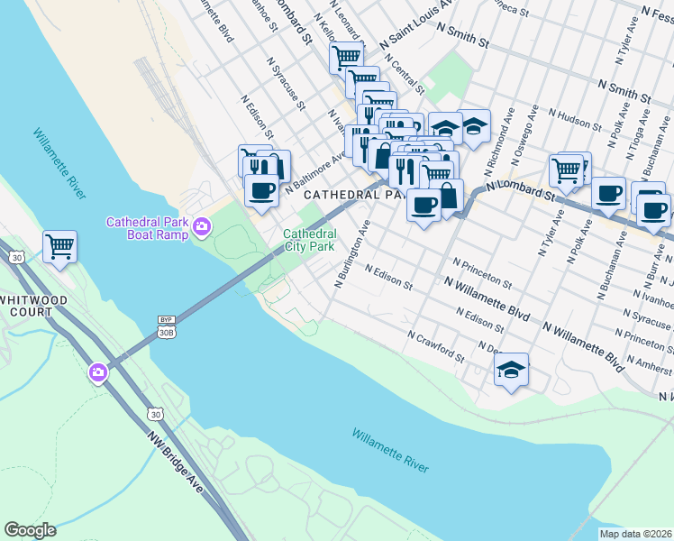 map of restaurants, bars, coffee shops, grocery stores, and more near 8527 North Decatur Street in Portland