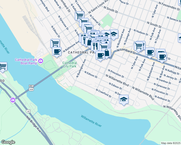 map of restaurants, bars, coffee shops, grocery stores, and more near C North Leavitt Avenue in Portland