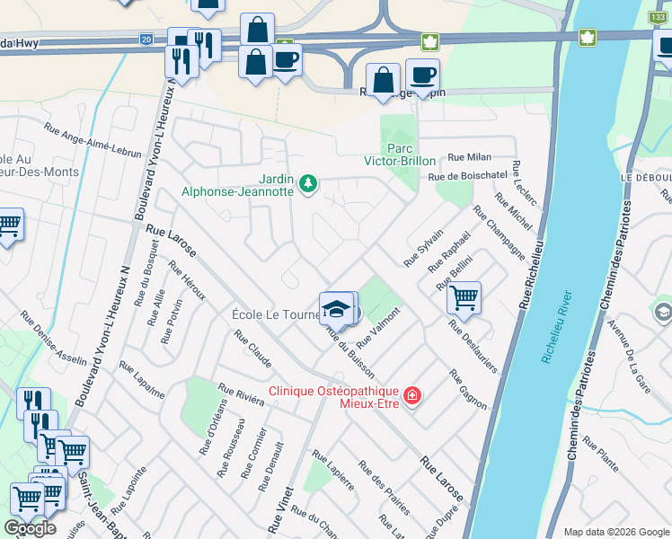 map of restaurants, bars, coffee shops, grocery stores, and more near 1424 Rue André-Labadie in Beloeil