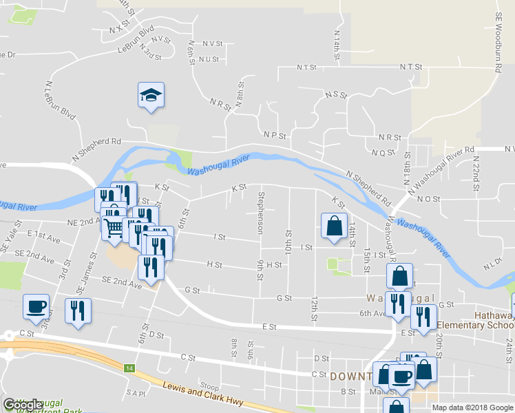map of restaurants, bars, coffee shops, grocery stores, and more near 1065 9th Street in Washougal