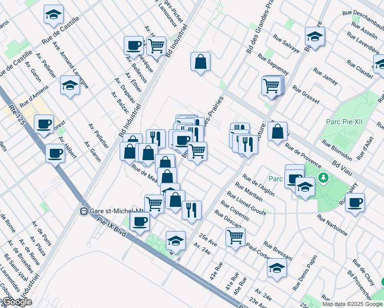 map of restaurants, bars, coffee shops, grocery stores, and more near 4650 Boulevard des Grandes-Prairies in Montréal