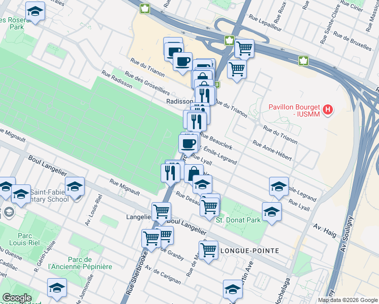 map of restaurants, bars, coffee shops, grocery stores, and more near 6952 Rue Sherbrooke Est in Montréal