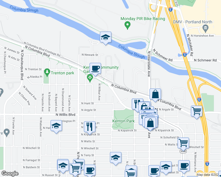 map of restaurants, bars, coffee shops, grocery stores, and more near 8702 North Delaware Avenue in Portland