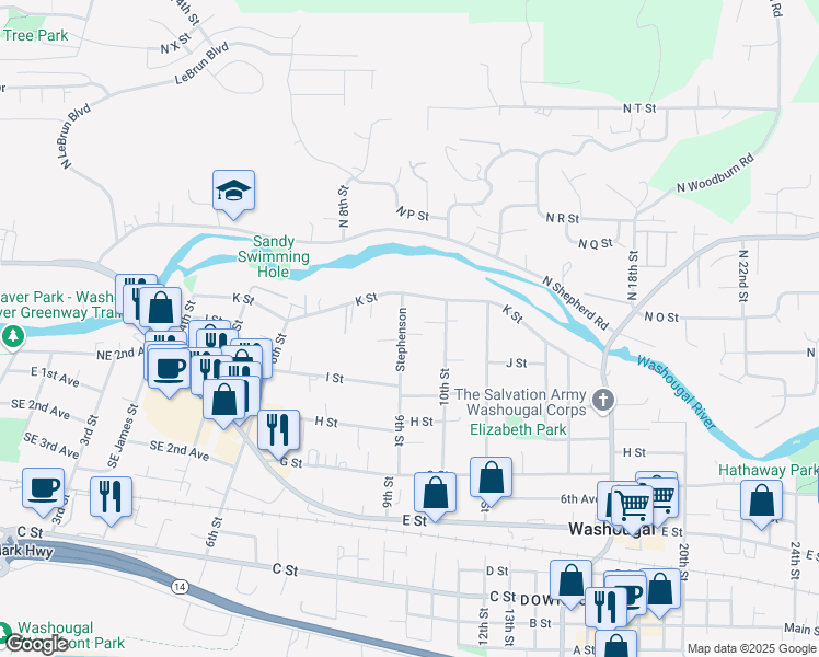 map of restaurants, bars, coffee shops, grocery stores, and more near 1068 9th Street in Washougal