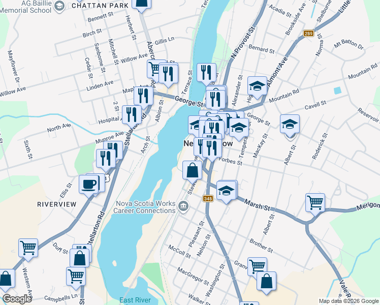 map of restaurants, bars, coffee shops, grocery stores, and more near 196 Glasgow Street in New Glasgow