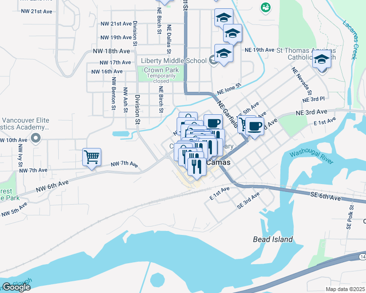 map of restaurants, bars, coffee shops, grocery stores, and more near 302 Northeast 6th Avenue in Camas