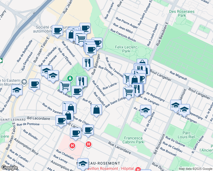 map of restaurants, bars, coffee shops, grocery stores, and more near 3655 Rue Bélanger in Montréal