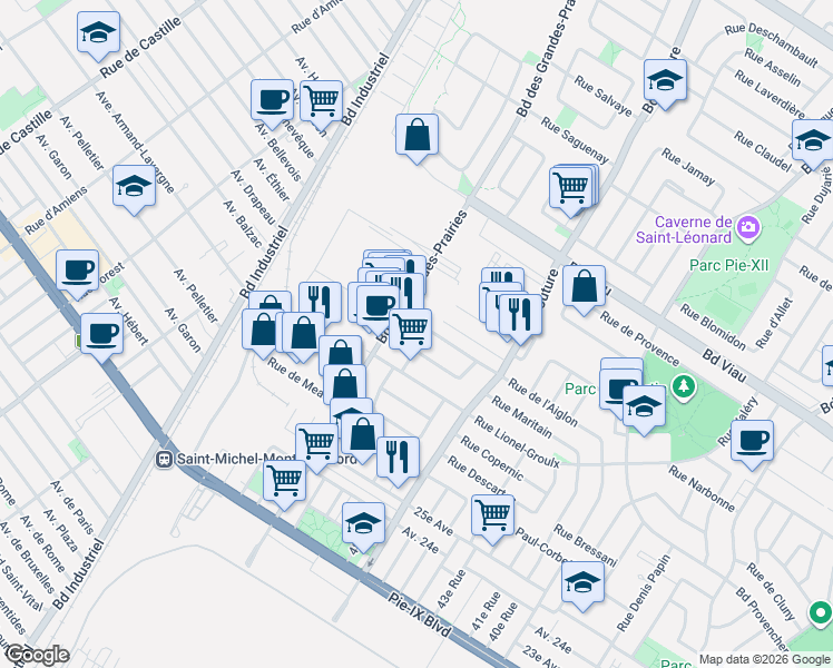 map of restaurants, bars, coffee shops, grocery stores, and more near 4635 Rue Jean-Paul-II in Montréal