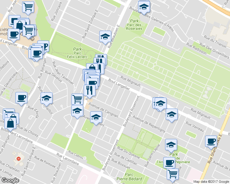 map of restaurants, bars, coffee shops, grocery stores, and more near 6537 Avenue Guillaume Couture in Montréal