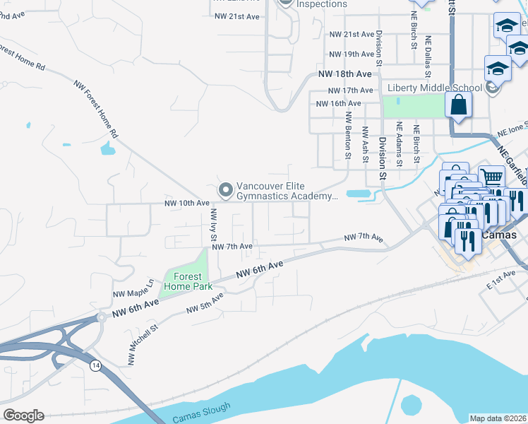 map of restaurants, bars, coffee shops, grocery stores, and more near 911 Northwest Fargo Street in Camas