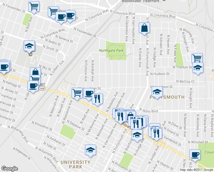 map of restaurants, bars, coffee shops, grocery stores, and more near 5927 North Houghton Street in Portland