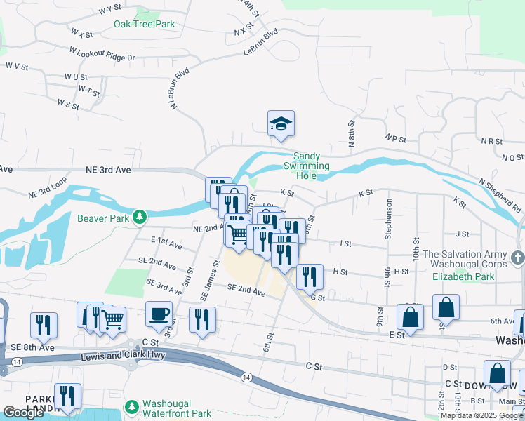 map of restaurants, bars, coffee shops, grocery stores, and more near 439 I Street in Washougal