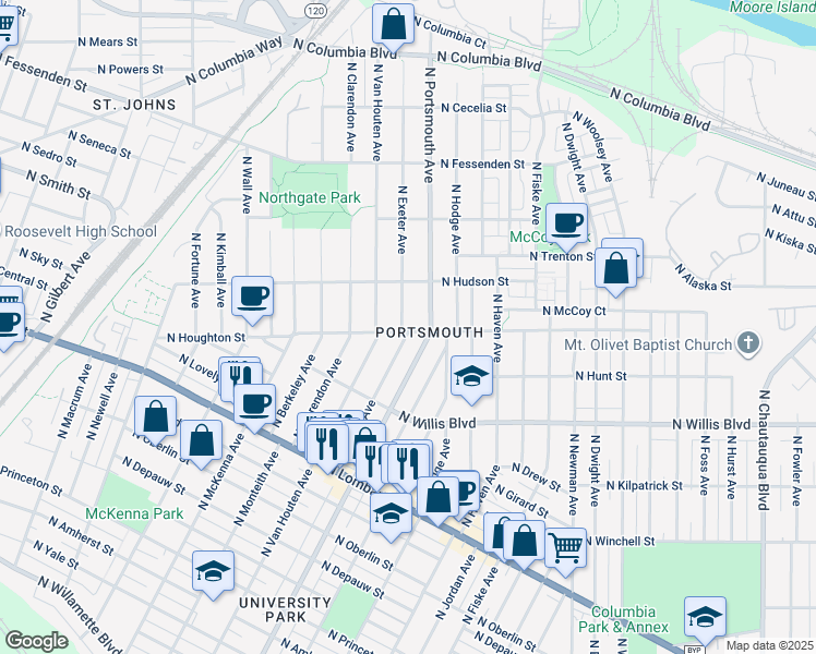 map of restaurants, bars, coffee shops, grocery stores, and more near 8717 North Exeter Avenue in Portland