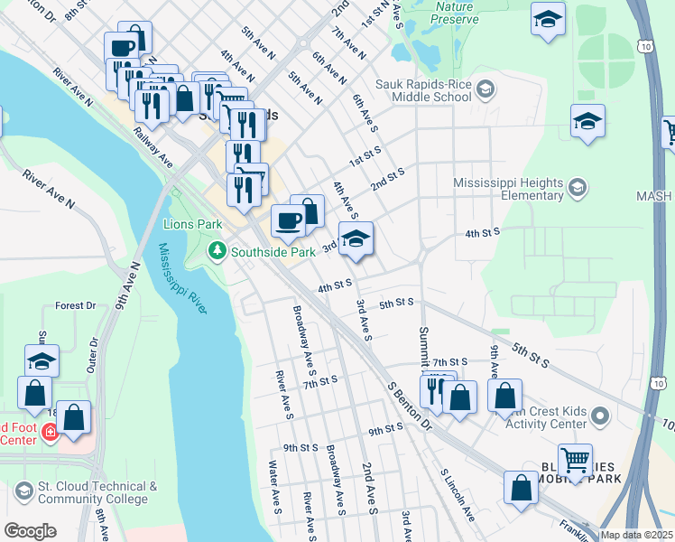 map of restaurants, bars, coffee shops, grocery stores, and more near 325 3rd Avenue South in Sauk Rapids