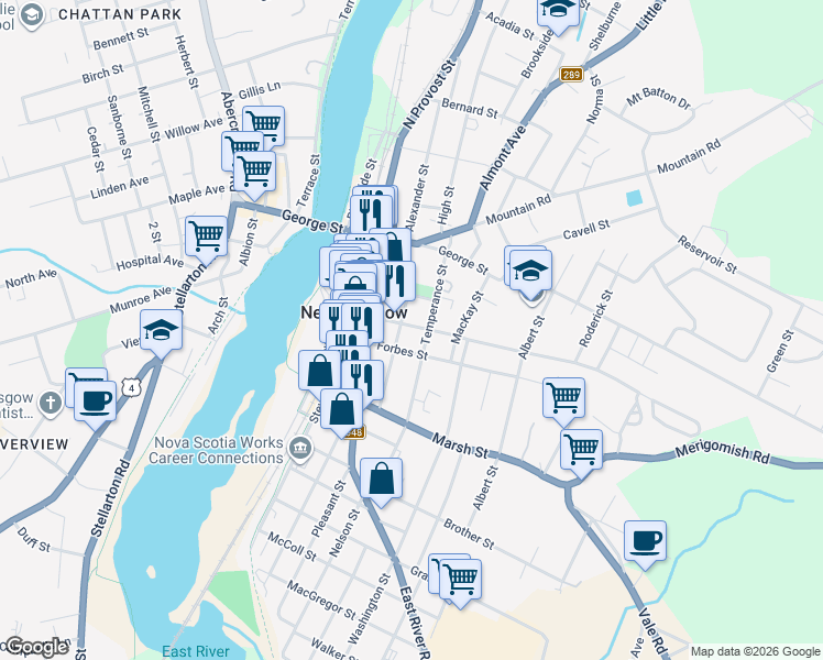 map of restaurants, bars, coffee shops, grocery stores, and more near 225 Maclean Street in New Glasgow