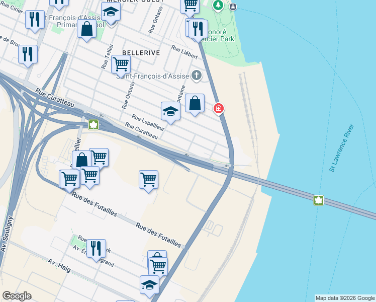 map of restaurants, bars, coffee shops, grocery stores, and more near 7700 Rue de Lavaltrie in Montréal