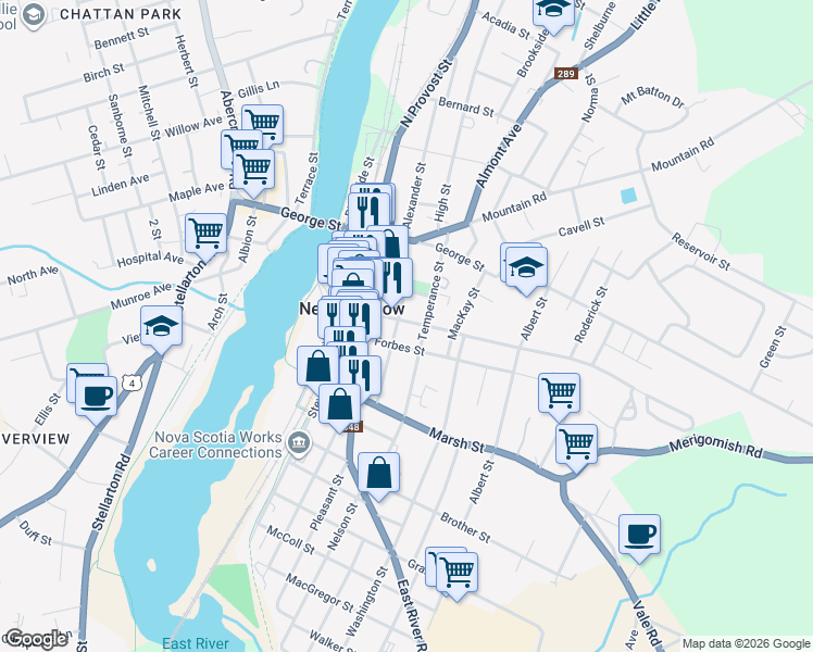 map of restaurants, bars, coffee shops, grocery stores, and more near 221 Maclean Street in New Glasgow