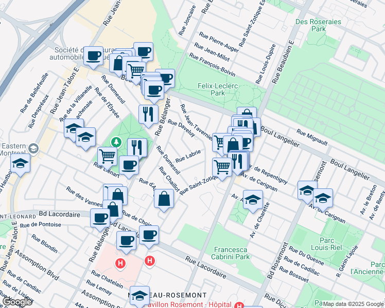 map of restaurants, bars, coffee shops, grocery stores, and more near Rue Labrie in Montréal