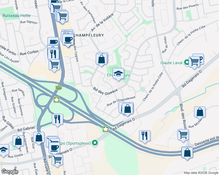 map of restaurants, bars, coffee shops, grocery stores, and more near 6120 Rue du Rouge-Gorge in Laval